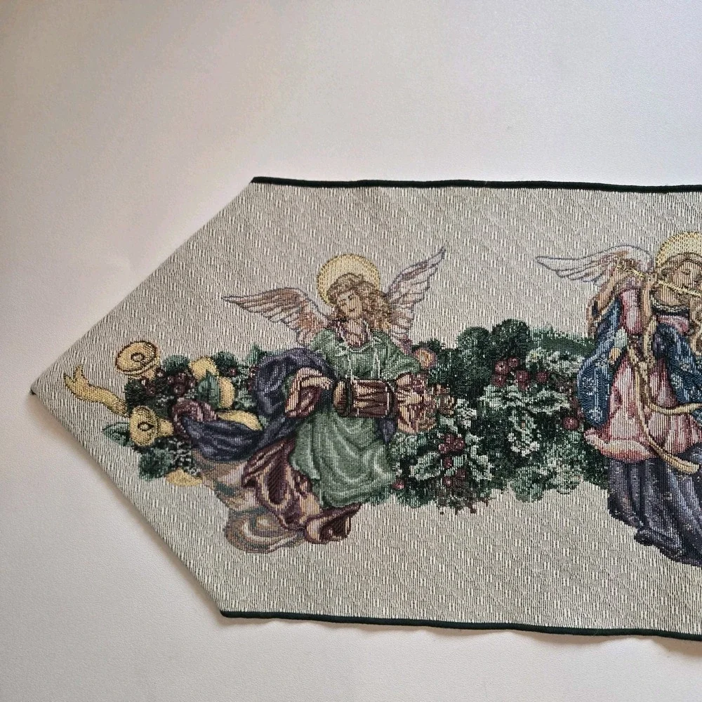 Tapestry Table Runner Christmas Angel Wreath 13X72 Green‎ USA Made Glitter Long